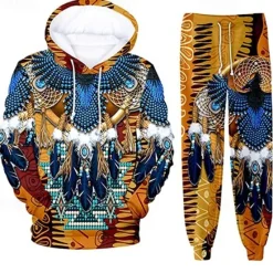 Discount OUKU Men's Graphic Wolf Bohemian Style 2pcs 3D Sweatshirt Sets Tracksuit Hoodies Long Sleeve Long pants Hooded Streetwear Designer Basic Sports & Outdoor Casual Sports Print Spring Fall Blue Orange Brown