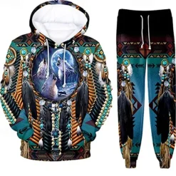 Discount OUKU Men's Graphic Wolf Bohemian Style 2pcs 3D Sweatshirt Sets Tracksuit Hoodies Long Sleeve Long pants Hooded Streetwear Designer Basic Sports & Outdoor Casual Sports Print Spring Fall Blue Orange Brown
