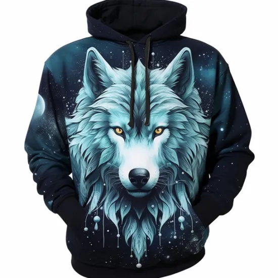 Online OUKU Men's Graphic Wolf Hoodie Hoodies Sweatshirt Fashion Daily Long Sleeve Hooded Vacation Sports Outdoor Holiday Blue Dark Blue Print Front Pocket Spring & Fall Designer