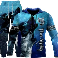 New OUKU Men's Graphic Wolf 2pcs 3D Sweatshirt Sets Tracksuit Hoodies Long Sleeve Long pants Hooded Streetwear Designer Basic Sports & Outdoor Casual Sports Print Spring Fall Blue