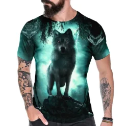 Online OUKU Men's Graphic Wolf T Shirt Tee Short Sleeve T shirt 3D Print Crew Neck Shirt Vintage Fashion Designer Outdoor Casual Daily Blue Dark Green Orange Spring & Summer Clothing Apparel S M L XL 2XL 3XL