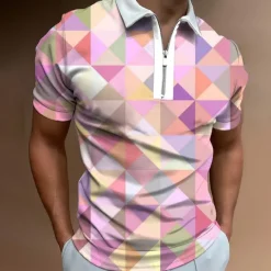 Hot OUKU Men's Graphic Zip Polo Shirts Golf Shirt Short Sleeve Polo Shirts Collared Shirts Casual Vacation Wear Rave Wear Party Outfits 3D Print Quarter Zip Polo White Yellow Pink