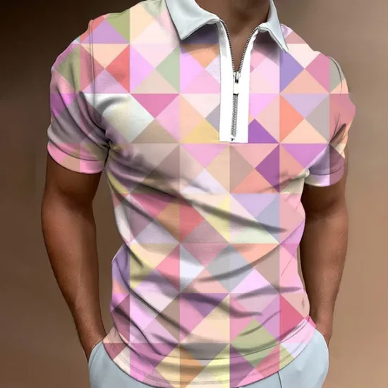 Hot OUKU Men's Graphic Zip Polo Shirts Golf Shirt Short Sleeve Polo Shirts Collared Shirts Casual Vacation Wear Rave Wear Party Outfits 3D Print Quarter Zip Polo White Yellow Pink