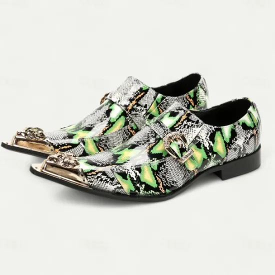 New OUKU Men's Green Snake Print Leather Slip-On Loafers with Metal Buckle and Decorative Toe Cap - Premium Cowhide Exotic Style Dress Shoes for Parties and Formal Events Black Green