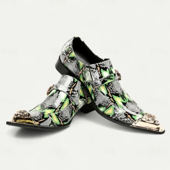 New OUKU Men's Green Snake Print Leather Slip-On Loafers with Metal Buckle and Decorative Toe Cap - Premium Cowhide Exotic Style Dress Shoes for Parties and Formal Events Black Green