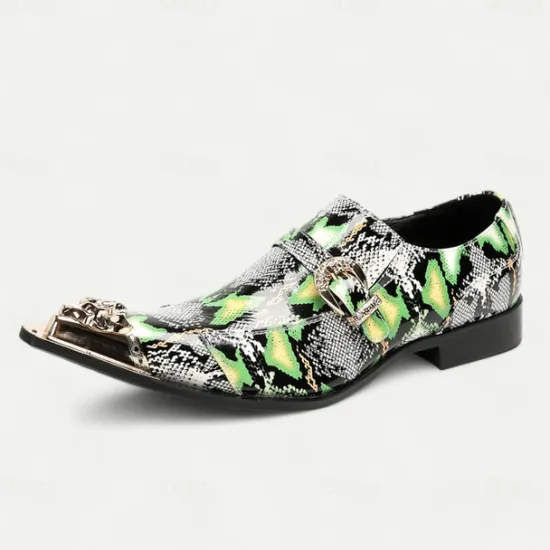 New OUKU Men's Green Snake Print Leather Slip-On Loafers with Metal Buckle and Decorative Toe Cap - Premium Cowhide Exotic Style Dress Shoes for Parties and Formal Events Black Green