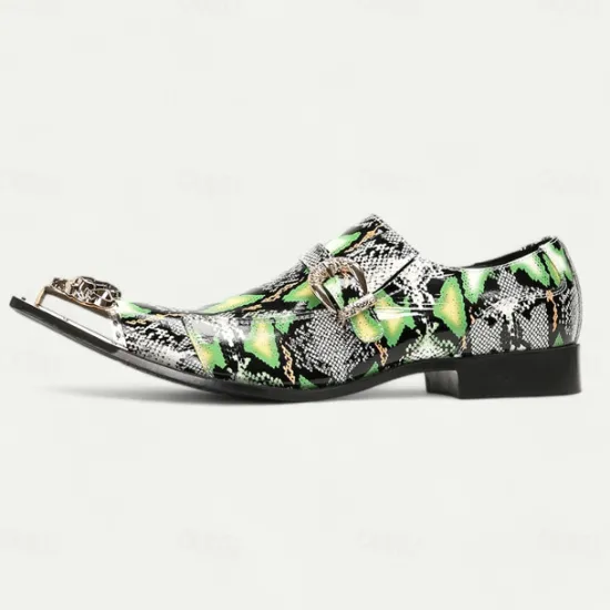 New OUKU Men's Green Snake Print Leather Slip-On Loafers with Metal Buckle and Decorative Toe Cap - Premium Cowhide Exotic Style Dress Shoes for Parties and Formal Events Black Green