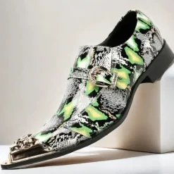 New OUKU Men's Green Snake Print Leather Slip-On Loafers with Metal Buckle and Decorative Toe Cap - Premium Cowhide Exotic Style Dress Shoes for Parties and Formal Events Black Green