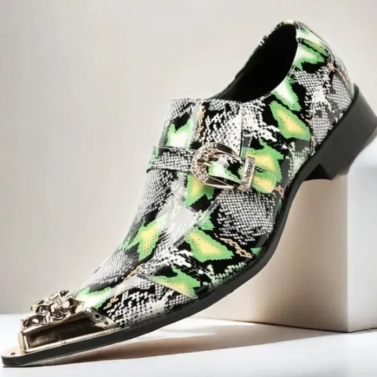 New OUKU Men's Green Snake Print Leather Slip-On Loafers with Metal Buckle and Decorative Toe Cap - Premium Cowhide Exotic Style Dress Shoes for Parties and Formal Events Black Green
