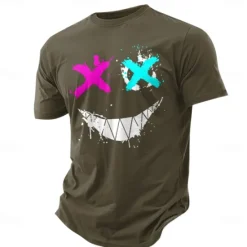 Discount OUKU Men's Grimace T Shirt Tee Top 100% Cotton Short Sleeve Graphic Shirt Army Green / Olive Black Dark Blue Comfortable Tee Vacation Street Fashion Designer Clothing
