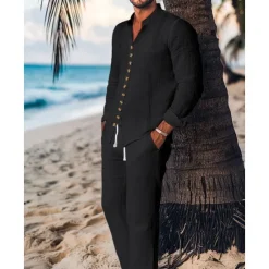 Outlet OUKU Men's Guayabera Shirt 2 Piece Shirt Set Matching Sets Casual Shirt Plain Vacation Going out Black White Light Blue Long Sleeve Standing Collar Spring & Summer Clothing Apparel Front Pocket