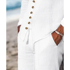 Outlet OUKU Men's Guayabera Shirt 2 Piece Shirt Set Matching Sets Casual Shirt Plain Vacation Going out Black White Light Blue Long Sleeve Standing Collar Spring & Summer Clothing Apparel Front Pocket