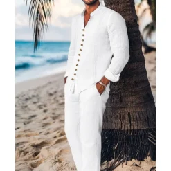 Outlet OUKU Men's Guayabera Shirt 2 Piece Shirt Set Matching Sets Casual Shirt Plain Vacation Going out Black White Light Blue Long Sleeve Standing Collar Spring & Summer Clothing Apparel Front Pocket