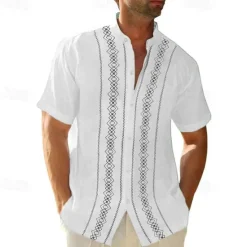 Clearance OUKU Men's Guayabera Shirt Summer Shirt Casual Shirt Button Up Shirt Black White Blue Green Gray Short Sleeve Boho Paisley Damask Solid / Plain Color Grandad Collar Band Collar Vacation Hawaiian Clothing