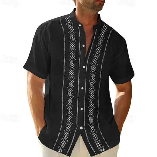 Clearance OUKU Men's Guayabera Shirt Summer Shirt Casual Shirt Button Up Shirt Black White Blue Green Gray Short Sleeve Boho Paisley Damask Solid / Plain Color Grandad Collar Band Collar Vacation Hawaiian Clothing