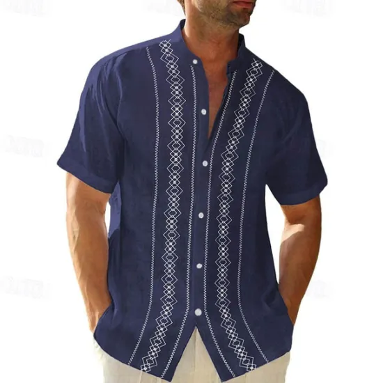 Clearance OUKU Men's Guayabera Shirt Summer Shirt Casual Shirt Button Up Shirt Black White Blue Green Gray Short Sleeve Boho Paisley Damask Solid / Plain Color Grandad Collar Band Collar Vacation Hawaiian Clothing