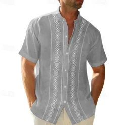 Clearance OUKU Men's Guayabera Shirt Summer Shirt Casual Shirt Button Up Shirt Black White Blue Green Gray Short Sleeve Boho Paisley Damask Solid / Plain Color Grandad Collar Band Collar Vacation Hawaiian Clothing