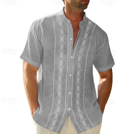 Clearance OUKU Men's Guayabera Shirt Summer Shirt Casual Shirt Button Up Shirt Black White Blue Green Gray Short Sleeve Boho Paisley Damask Solid / Plain Color Grandad Collar Band Collar Vacation Hawaiian Clothing