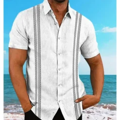 Sale OUKU Men's Guayabera Shirt Summer Shirt Casual Shirt Button Up Shirt Black White Dark Navy Short Sleeve Pattern Solid / Plain Color Lapel Vacation Hawaiian Clothing Apparel Polyester Fashion Casual