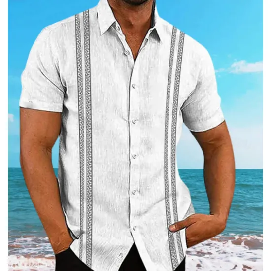 Sale OUKU Men's Guayabera Shirt Summer Shirt Casual Shirt Button Up Shirt Black White Dark Navy Short Sleeve Pattern Solid / Plain Color Lapel Vacation Hawaiian Clothing Apparel Polyester Fashion Casual