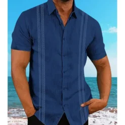 Sale OUKU Men's Guayabera Shirt Summer Shirt Casual Shirt Button Up Shirt Black White Dark Navy Short Sleeve Pattern Solid / Plain Color Lapel Vacation Hawaiian Clothing Apparel Polyester Fashion Casual