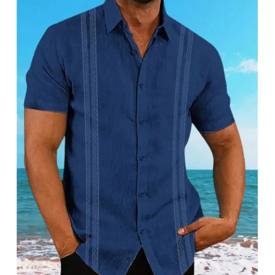 Sale OUKU Men's Guayabera Shirt Summer Shirt Casual Shirt Button Up Shirt Black White Dark Navy Short Sleeve Pattern Solid / Plain Color Lapel Vacation Hawaiian Clothing Apparel Polyester Fashion Casual