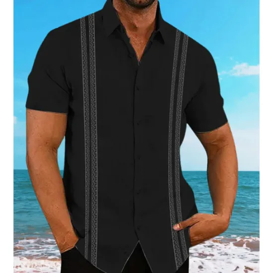 Sale OUKU Men's Guayabera Shirt Summer Shirt Casual Shirt Button Up Shirt Black White Dark Navy Short Sleeve Pattern Solid / Plain Color Lapel Vacation Hawaiian Clothing Apparel Polyester Fashion Casual