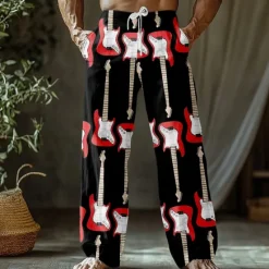 Sale OUKU Men's Guitar Musical Instrument Trousers Baggy Pants Casual Pants Mid Waist Retro Vintage Outdoor Vacation Side Pockets Elastic Waist Wide Leg Summer Spring 3D Print Black White Blue