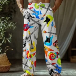 New OUKU Men's Guitar Musical Instrument Trousers Baggy Pants Casual Pants Mid Waist Retro Vintage Outdoor Vacation Holiday Side Pockets Elastic Waist Wide Leg Summer Spring 3D Print Black White Purple