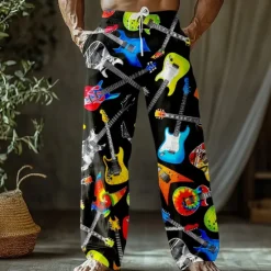 New OUKU Men's Guitar Musical Instrument Trousers Baggy Pants Casual Pants Mid Waist Retro Vintage Outdoor Vacation Holiday Side Pockets Elastic Waist Wide Leg Summer Spring 3D Print Black White Purple