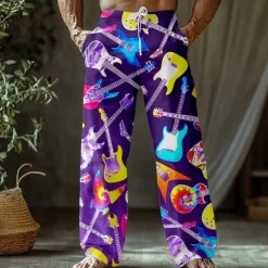 New OUKU Men's Guitar Musical Instrument Trousers Baggy Pants Casual Pants Mid Waist Retro Vintage Outdoor Vacation Holiday Side Pockets Elastic Waist Wide Leg Summer Spring 3D Print Black White Purple