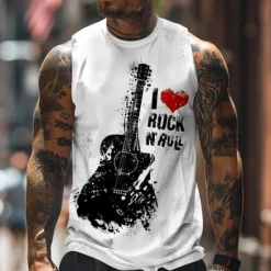 Best OUKU Men's Guitar Vest Top Sleeveless T shirt 3D Print Crew Neck Shirt Sports Fashion Daily Gym Summer Spring Clothing Apparel S M L XL XXL XXXL White