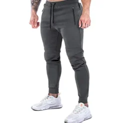 New OUKU men's gym jogger pants sport workout training athletic slim tapered cotton sweatpants with zipper pockets darkgrey