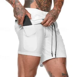 Sale OUKU Men's Gym Shorts Sports Fitness Running Casual Drawstring Compression Liner Elastic Waist Plain Knee Length Gymnatics Activewear Black White Micro-elastic