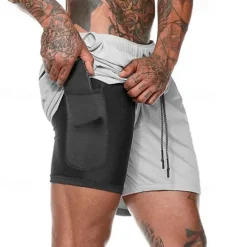Sale OUKU Men's Gym Shorts Sports Fitness Running Casual Drawstring Compression Liner Elastic Waist Plain Knee Length Gymnatics Activewear Black White Micro-elastic
