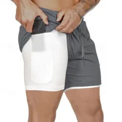 Sale OUKU Men's Gym Shorts Sports Fitness Running Casual Drawstring Compression Liner Elastic Waist Plain Knee Length Gymnatics Activewear Black White Micro-elastic
