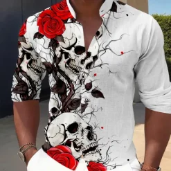 Discount OUKU Men's Halloween Costumes Day of the Dead Rose Button Up Shirt Long Sleeve Horror Dark Vacation Party Evening Wear Daily Summer Spring & Fall Grandad Collar Band Collar 3D Print Rose+Black Violet Red
