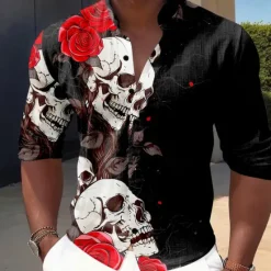 Discount OUKU Men's Halloween Costumes Day of the Dead Rose Button Up Shirt Long Sleeve Horror Dark Vacation Party Evening Wear Daily Summer Spring & Fall Grandad Collar Band Collar 3D Print Rose+Black Violet Red