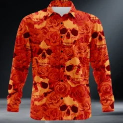 Hot OUKU Men's Halloween Costumes Day of the Dead Shirt Button Up Shirt Long Sleeve Dark Punk Gothic Style Outdoor Holiday Summer Spring Turndown 3D Print Collared Shirts Orange red Purple Orange