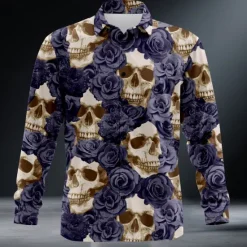 Hot OUKU Men's Halloween Costumes Day of the Dead Shirt Button Up Shirt Long Sleeve Dark Punk Gothic Style Outdoor Holiday Summer Spring Turndown 3D Print Collared Shirts Orange red Purple Orange