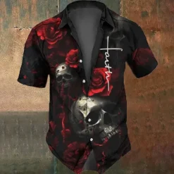 Discount OUKU Men's Halloween Costumes Day of the Dead Skulls Shirt Button Up Shirt Short Sleeve Dark Punk Gothic Style Holiday Summer Spring Turndown 3D Print Collared Shirts Black 1 Black Black 2