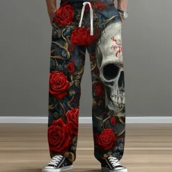 Clearance OUKU Men's Halloween Costumes Day of the Dead Trousers Baggy Pants Casual Pants Mid Waist Dark Punk Gothic Style Holiday Elastic Drawstring Waist Linen-Like Pants with Pockets Spring Fall 3D Print Dark