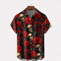Best OUKU Men's Halloween Costumes Day of the Dead Rose Shirt Summer Shirt Button Up Shirt Short Sleeve Dark Punk Gothic Style Holiday Streetwear Summer Turndown 3D Print Front One Pocket Linen Like Shirt Black