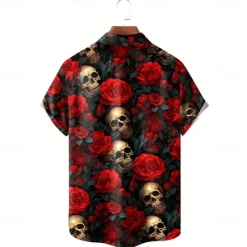 Best OUKU Men's Halloween Costumes Day of the Dead Rose Shirt Summer Shirt Button Up Shirt Short Sleeve Dark Punk Gothic Style Holiday Streetwear Summer Turndown 3D Print Front One Pocket Linen Like Shirt Black