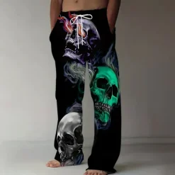 Best OUKU Men's Halloween Costumes Skulls Trousers Baggy Pants Casual Pants Mid Waist Dark Gothic Style Holiday Streetwear Elastic Drawstring Waist Linen-Like Pants with Pockets Summer Spring 3D Print Black 1