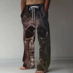 Best OUKU Men's Halloween Costumes Skulls Trousers Baggy Pants Casual Pants Mid Waist Dark Gothic Style Holiday Streetwear Elastic Drawstring Waist Linen-Like Pants with Pockets Summer Spring 3D Print Black