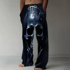 Best OUKU Men's Halloween Costumes Skulls Trousers Baggy Pants Casual Pants Mid Waist Dark Gothic Style Holiday Streetwear Elastic Drawstring Waist Linen-Like Pants with Pockets Summer Spring 3D Print Black