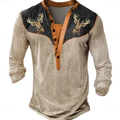 Online OUKU Men's Halloween Deer Henley Shirt Long Sleeve 3D Print Daily Ethnic Party Street Casual Winter Spring & Fall Blue Orange Gray Henley Henley T-Shirt