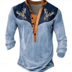 Online OUKU Men's Halloween Deer Henley Shirt Long Sleeve 3D Print Daily Ethnic Party Street Casual Winter Spring & Fall Blue Orange Gray Henley Henley T-Shirt
