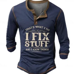 Sale OUKU Men's Halloween Letters I fix stuff.That's what i do. Henley Shirt Long Sleeve 3D Printing Outdoor Vacation Daily Winter Spring & Fall Black Navy Blue Henley Henley T-Shirt